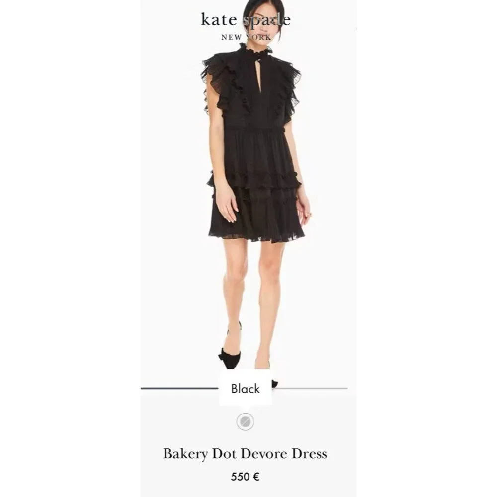 Kate Spade Devore Dress 6 Black Silk Mix Bakery Dot Ruffle Dress